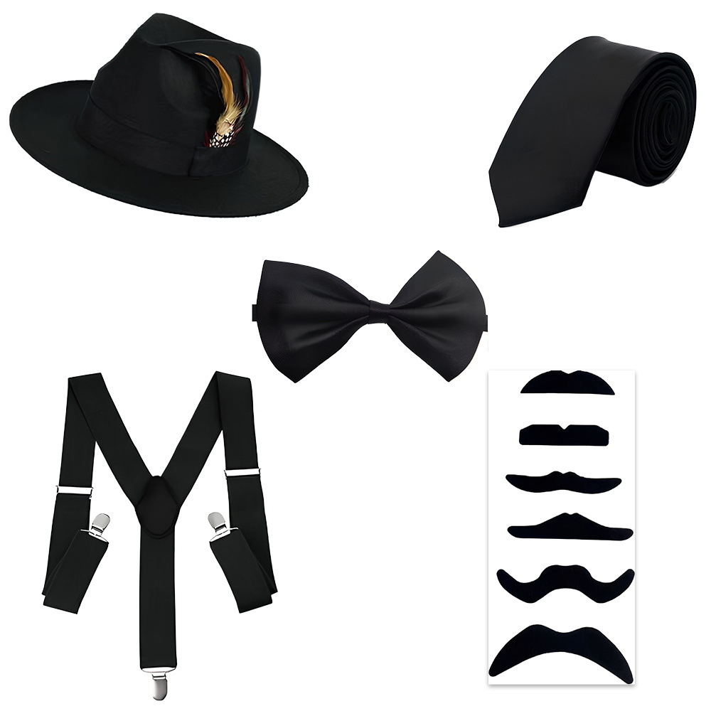 1920s Gatsby Party Dress Up Correa Reloj de bolsillo Barba falsa Traje Vestido de moda Sombrero de copa Corbata Años 20