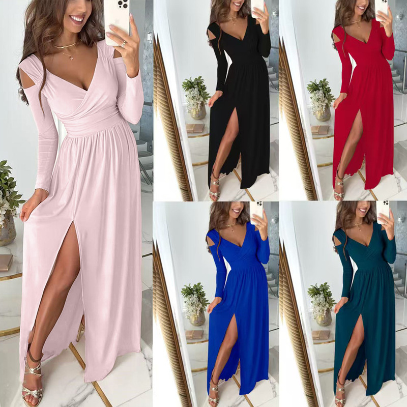 2021 Independent Station Wish Amazon New Autumn and Winter New Long-Sleeved V Neck Pure Color Hem Slit Dress for Women