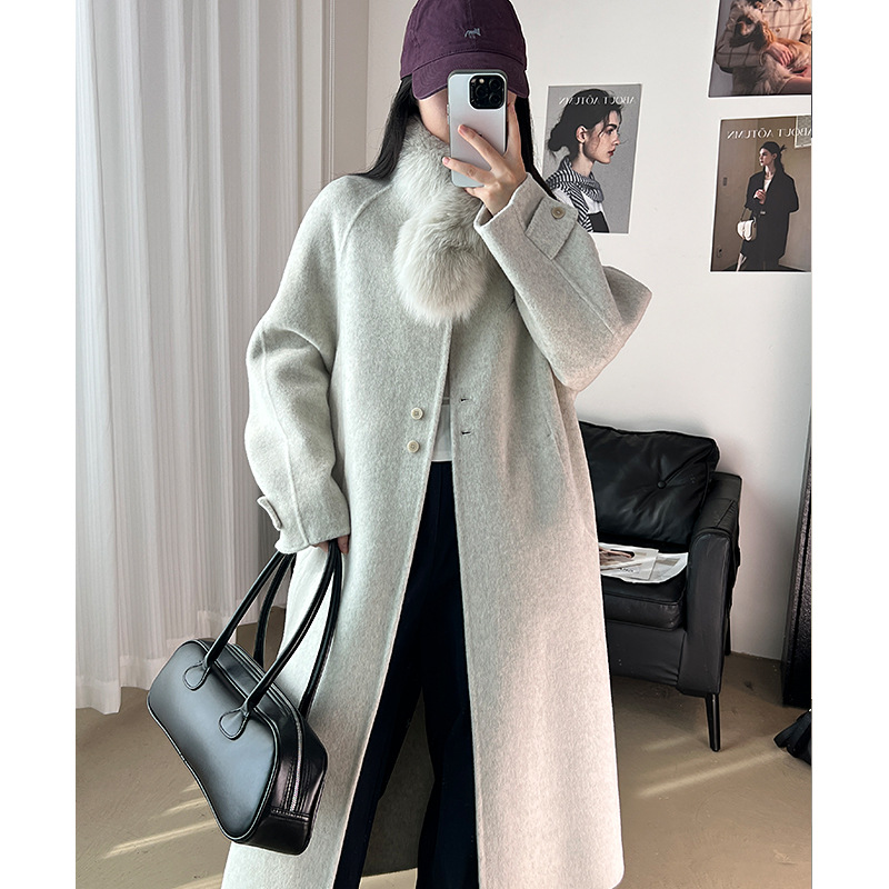 高端韩系狐狸毛围脖双面羊毛大衣女中长款秋冬新款宽松羊毛呢外套