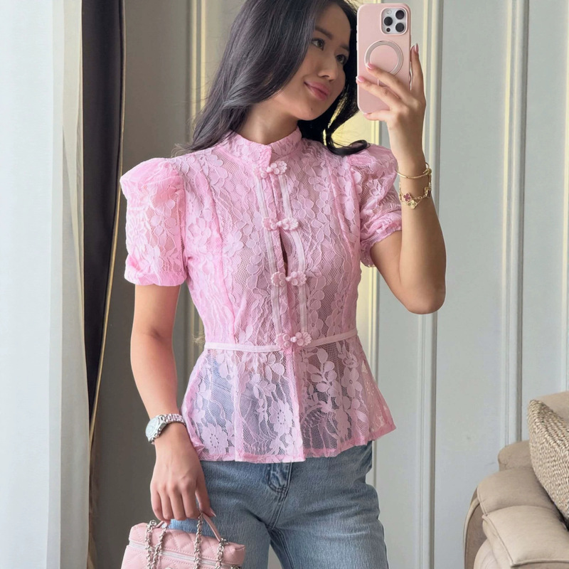 French Sweet Style Stand-Up Collar Puff Sleeve Shirt for Women, New Summer Design, Waist-Cinching Solid Color Lace Shirt for Women Wholesale