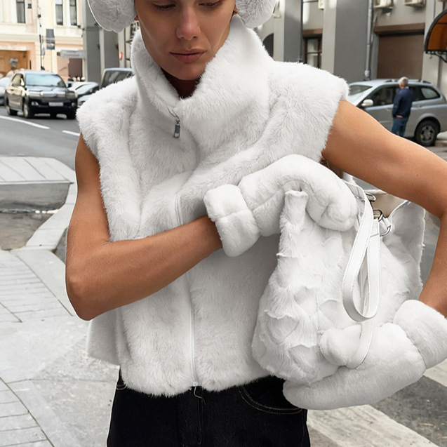 European and American Autumn and Winter Cross-Border New Pure Color Sleeveless Zipper Vest Imitation Mink Fur High Collar Loose Plush Jacket for Women
