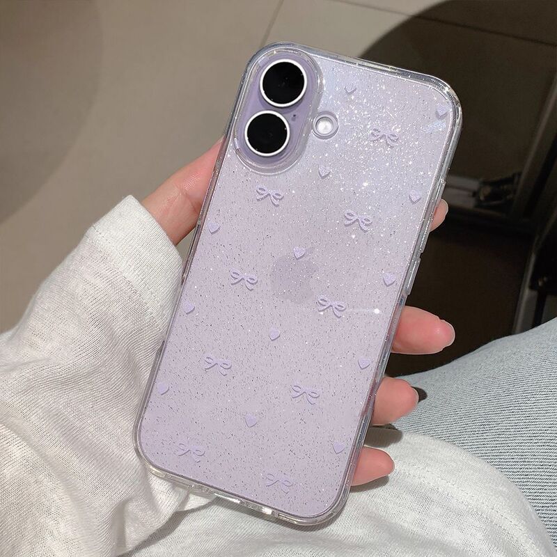 Ins Purple Heart Bow Transparent Glitter Case Suitable for Apple 17Pro 17Promax 16 Large Hole XS