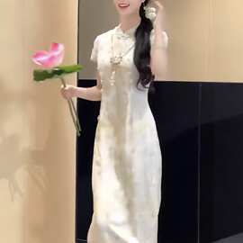 复古新中式气质名媛御姐风改良旗袍长裙独特漂亮碎花绿色连衣裙夏