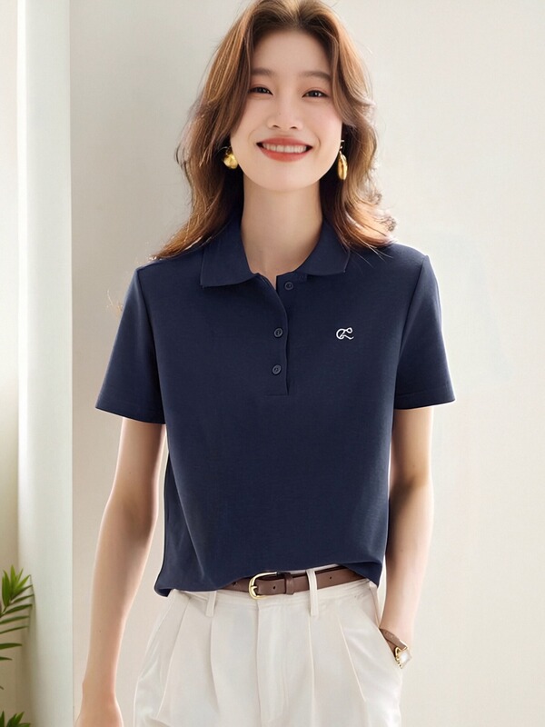 2025新款红色减龄百搭polo领撞色刺绣短袖衬衫女洋气刺绣翻领上衣|undefined