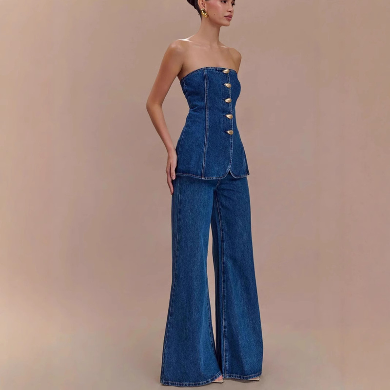 2025 Foreign Trade Women's Clothing Amazon Fashion Casual Denim Straight Shoulder Button Straight Tube Top Jeans suit