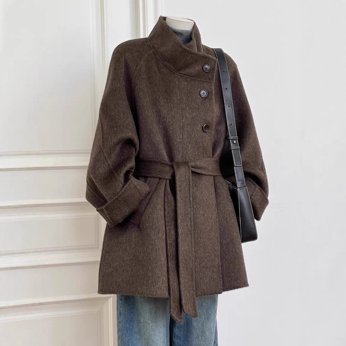 Double-Sided Cashmere Outwear for Women 2025 Autumn and Winter New Style Mid-Length High-End Stand-Up Collar Small Elegant Woolen Outwear