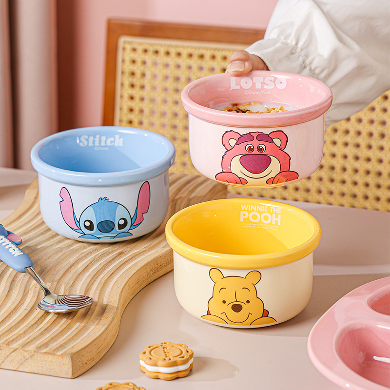 Disney Pooh Stitch Ceramic Baby Ensalada linda para niños Té de la tarde Disco reductor de grasa Disco de tres comparticiones
