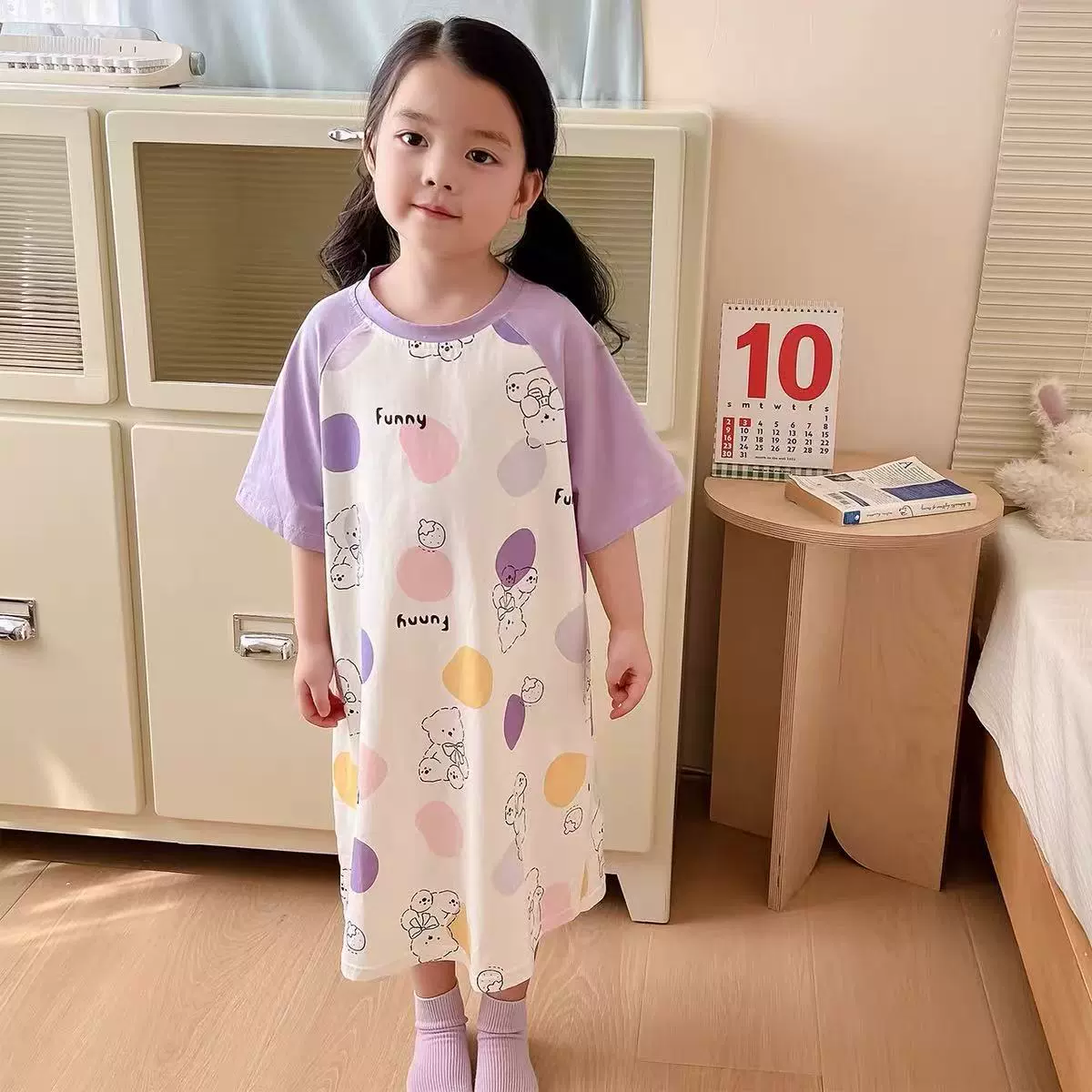 Cartoon summer children's pijama, mini-skirt, long skirt, with short sleeve, family style