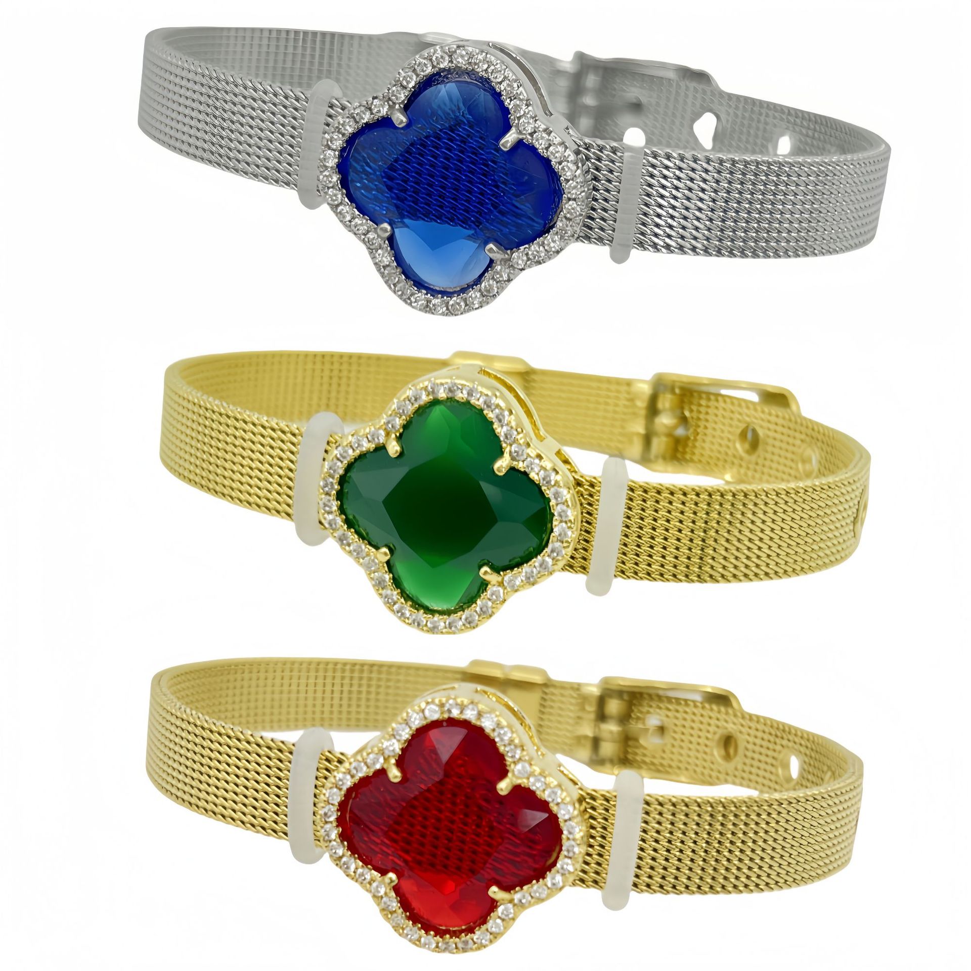 Cross-Border Popular Bracelet, Colorful Four-Leaf Clover Stainless Steel Strap, Color-Preserving Micro-Inlaid Zircon, Temu New Product