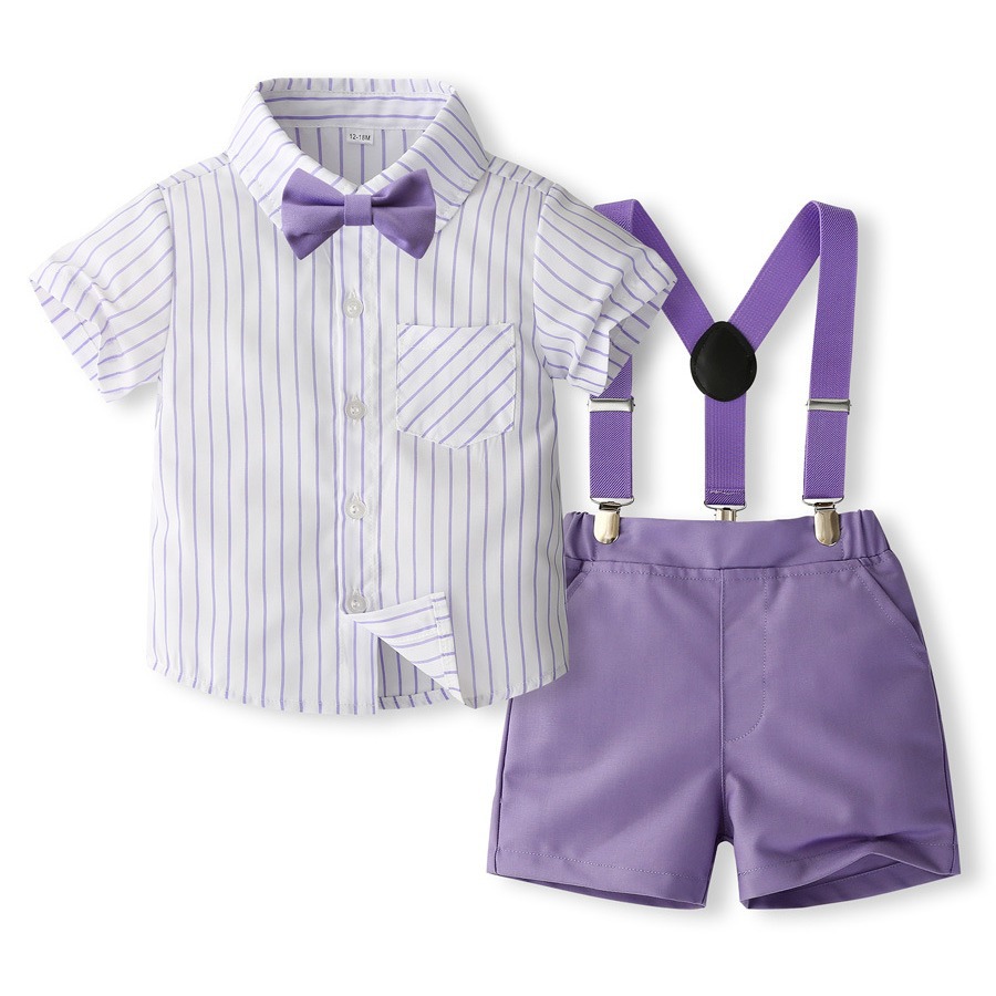 FUENTE Suministro de primera mano de fábrica Traje de verano para nuevos niños Camisa de rayas de estilo británico Vestido de caballero Conjunto de tres piezas
