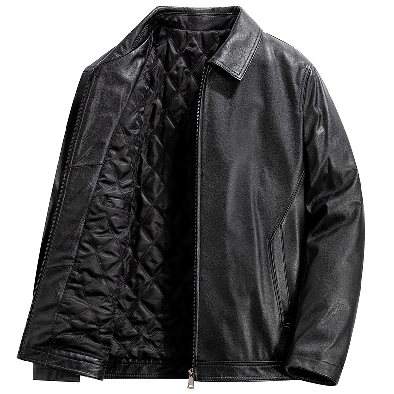 Autumn and Winter Men's Genuine Leather Jacket with Lapel Collar, Light Business Style Men's Executive Leather Jacket, Pilot Style with Added Mulberry Silk Coat