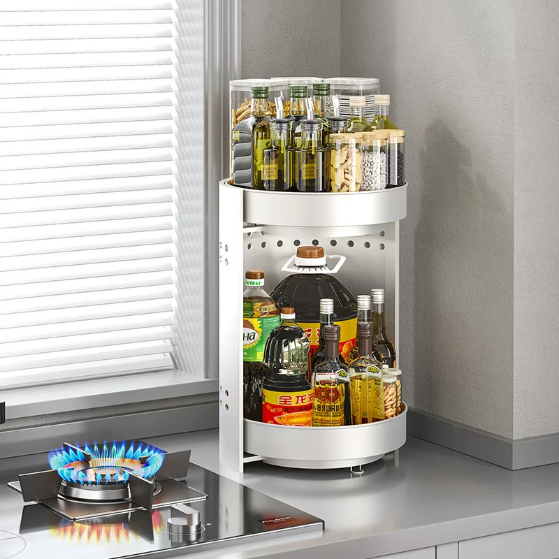 Kitchen spice rack can rotate double-layer countertop corner storage rack to store multi-functional tray spice rack storage box
