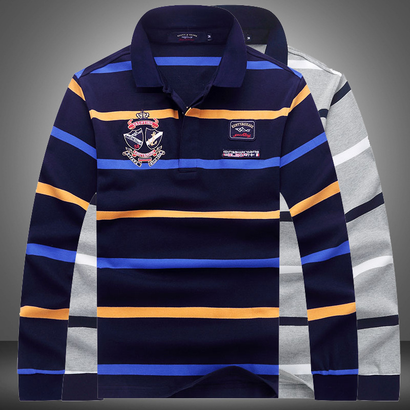 肯迪鲨鱼专柜春秋新款丝光棉翻领条纹大码正品长袖T恤男宽松9666