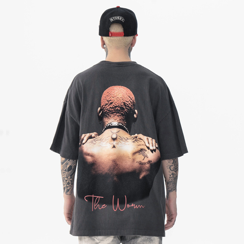 Ropa para Hombre FG | Camiseta de Manga Corta con Estampado de Rodman, Estilo Retro Europeo y Americano, Lavada y Desgastada, Nueva Tendencia Primavera/Verano 2025