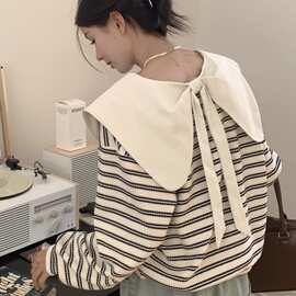 大码蝴蝶结慵懒风短款卫衣女秋季新款胖宽松显瘦娃娃领条纹上衣