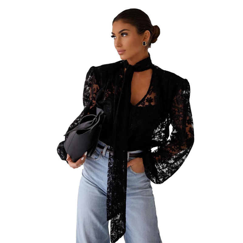 European and American 2026 Spring and Autumn Amazon Cross-Border Retro Style Lace V Neck Ribbon Loose Shirt Long Sleeve Women's Shirt