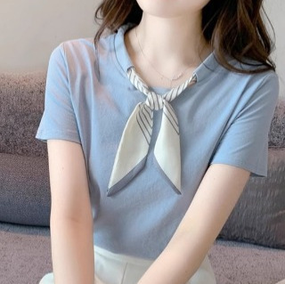 夏季2025年新款夏装众蝴蝶结纯棉短袖T恤女装宽高端别致减龄上衣|undefined