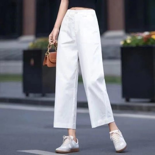 Short Cropped Pants Cotton Pants Women's Summer Thin 2024 New High Waist Straight Wide Leg Pants Women's Casual Pants