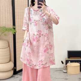 2026夏季新款国风印花苎麻连衣裙女宽松五分袖刺绣文艺复古中长裙