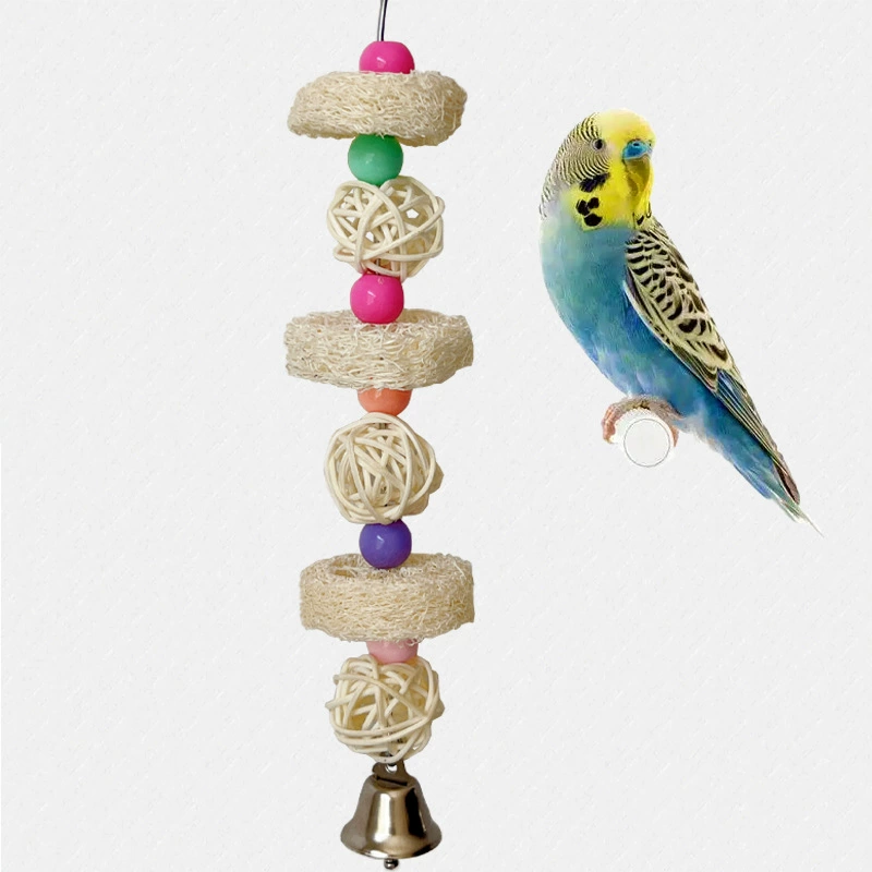 Игрушка для жевания попугая, мяч из луфы, цветной бисер, пиона, черный феникс, тигровая кожа, игровой забавный колокольчик, принадлежности для клетки для птиц