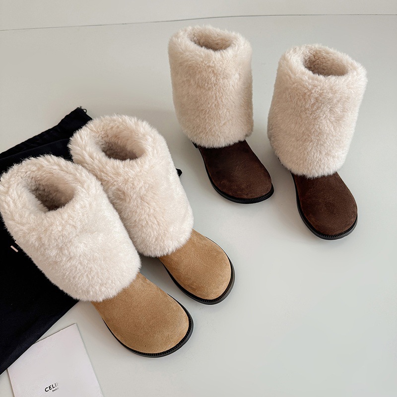 Boot nữ cổ cao lông mềm đế bằng, lót lông cừu dày dặn giữ ấm, kiểu lật cổ — màu nâu