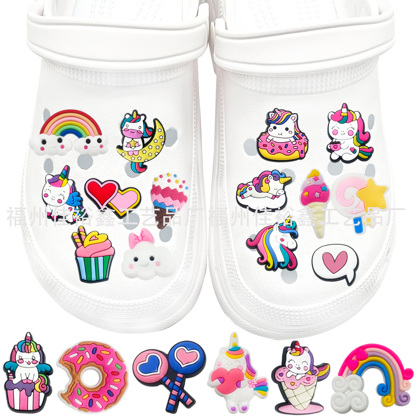 Invierno nuevo colorido unicornio serie agujero Zapatos flor Polaroid Arco Iris pony accesorios para niños transfronteriza en stock