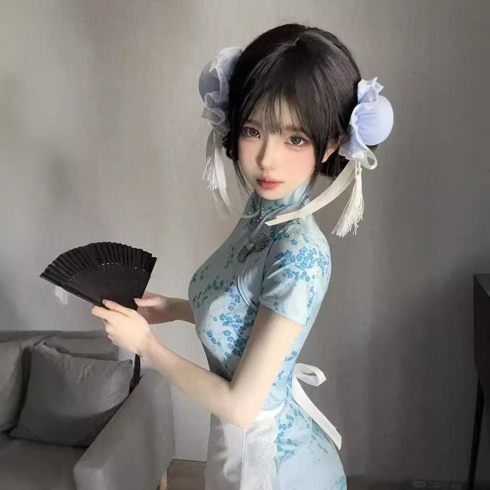 Cheongsam Maid Apron Lingerie Set, Two-Piece Pink Roleplay Outfit, One Size — detail image 3