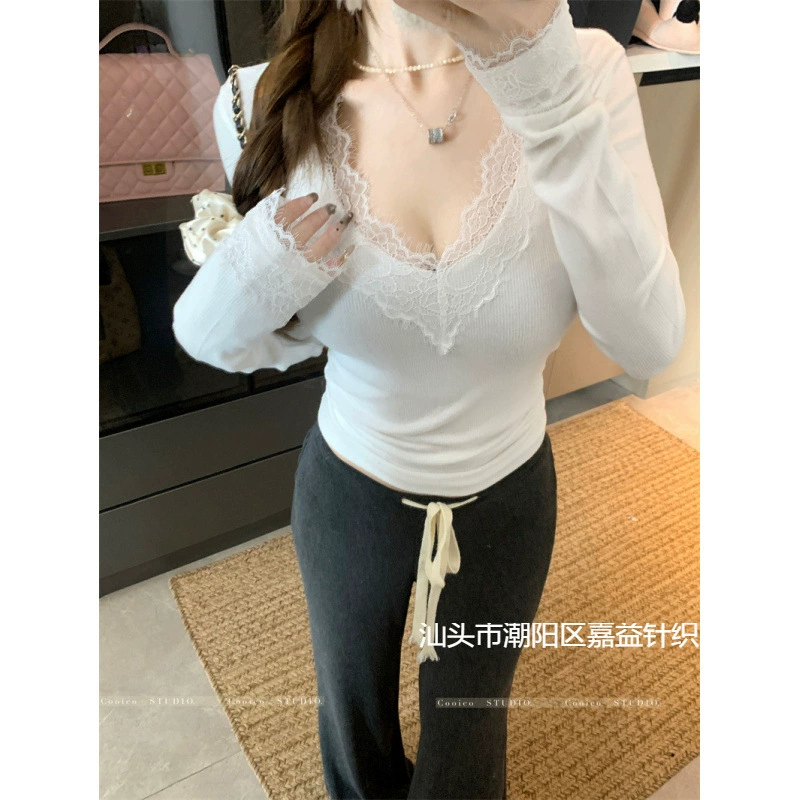 Чисто белая шерстячая трикотажная нижняя рубашка женская осенняя и зимняя сладкая пряная кружева с коротким уникальным блузом