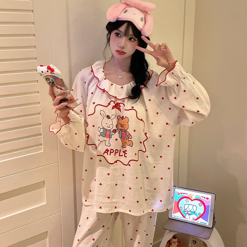 Pijamas al por mayor transfronterizos otoño nuevo estilo francés nubes de algodón cinturón almohadilla de pecho dulce borde de loto ropa de hogar para estudiantes