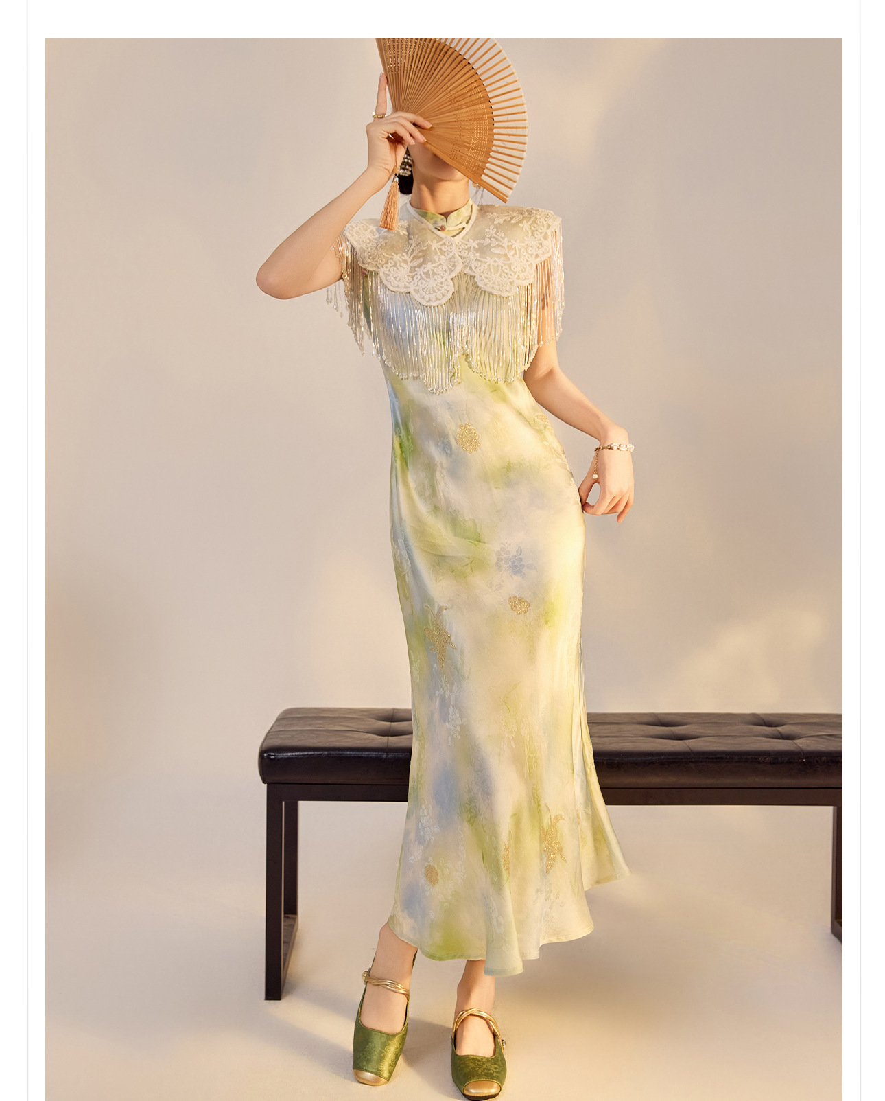 Váy Qipao cải tiến cao cấp phong cách Trung Quốc mới, in họa tiết tinh tế, cổ đứng ôm sát N5008 — Hiển thị màu xanh chi tiết 13