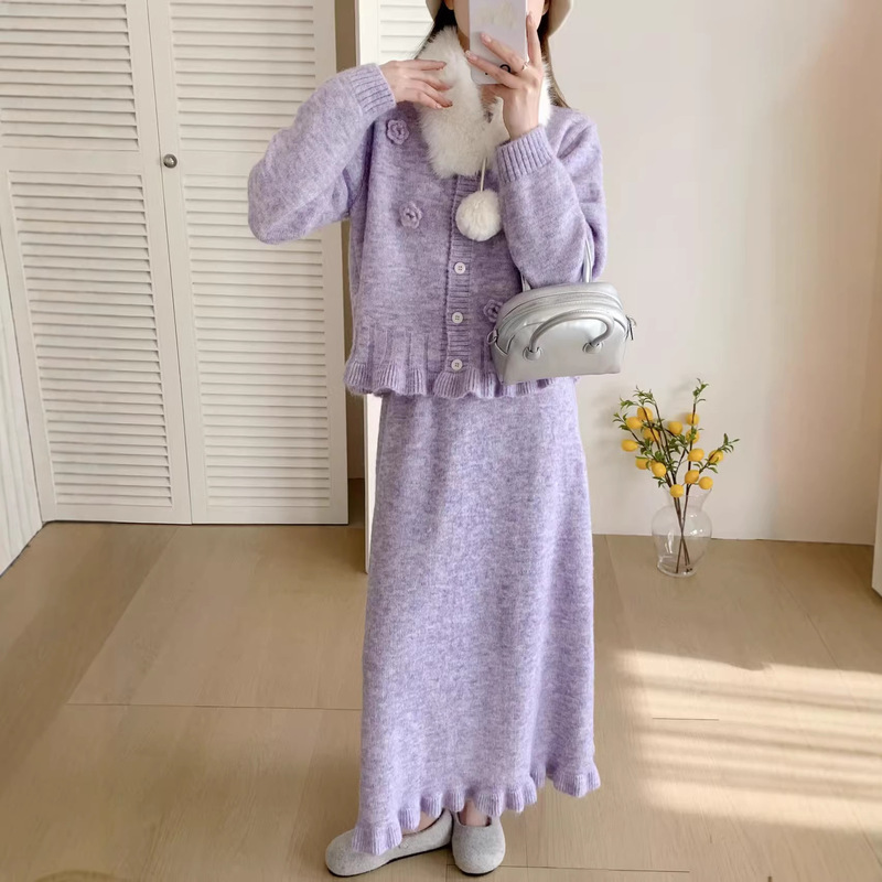2026 early spring new style three-dimensional floral sweater cardigan with scarf + knitted half skirt sweet style women's trendy outfit