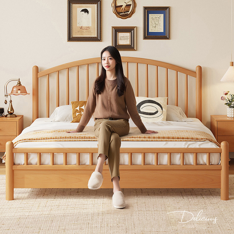 Beech color wooden bed 1.8 meters solid wood bed modern simple home…