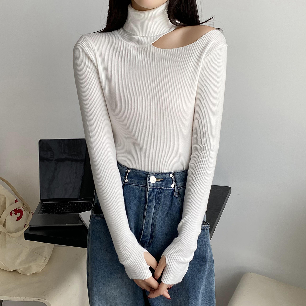 High-Necked Long-Sleeved Hollow Sweater NSFYF85683