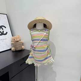 女童夏季新款彩条纹儿童节连衣裙女宝宝无袖卡通针织背心裙子