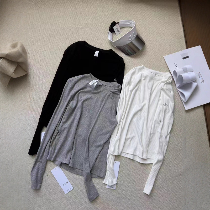 Now Alo Round Neck Threaded Long-Sleeved Knitted Bottoming Shirt Pilates Yoga Wear Sports Running Fitness Single Wear Inner Wear