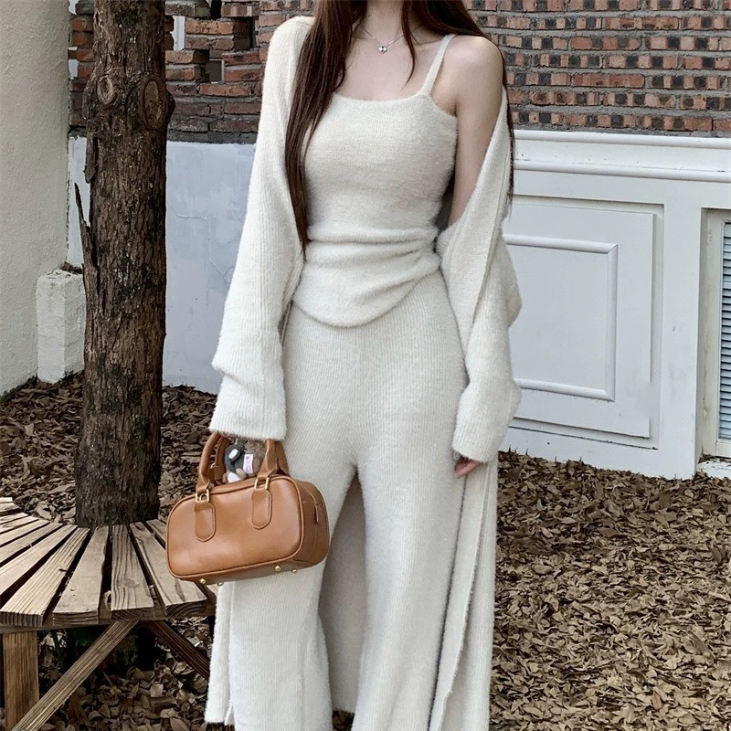 Костюм женский во французском стиле в ленивом стиле свободный длинный бархат из искусственной норки пальто осенний внутренний жилет широкие брюки костюм-тройка