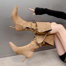 超模辣妹废土风褶皱堆堆翻折叠两穿高跟鞋细跟长靴子女磨砂卡其色