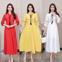 夏季新款棉麻民族风收腰女士连衣裙云南新疆三亚旅游民族风沙滩裙
