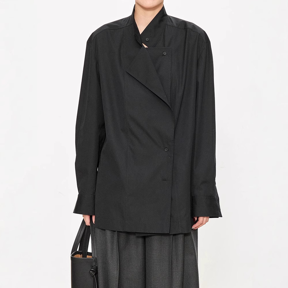 北欧极简风小众不对称双层翻领偏门襟时装衬衫女设计款衬衣女装