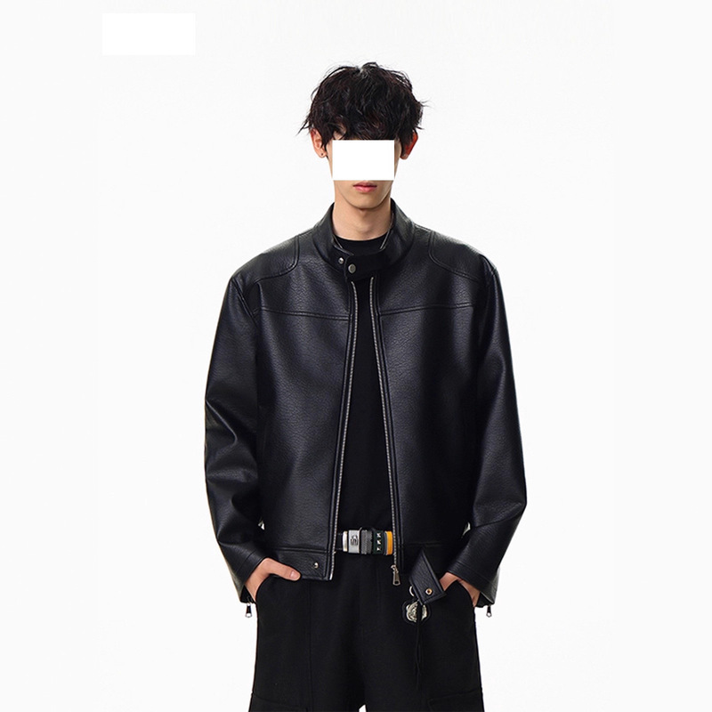 Black Padded Shoulder Short Leather Jacket with a High-End Feel, Stylish Men's Stand Collar Jacket, Cleanfit American-Style Pu Motorcycle Jacket Black Padded Shoulder Short Leather Jacket with a High-End Feel, Stylish Men's Stand Collar Jacket, Cleanfit American-Style Pu Motorcycle Jacket