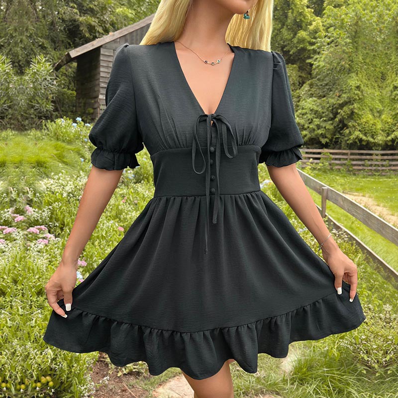 Women's clothing 2024 Summer Fashion Women's Solid Color Slim Fit Lotus Leaf Skirt Dress Women_voghion.com