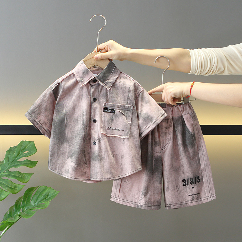 7912 traje de teñido anudado de verano para niños 2025 nueva camisa de estilo occidental para niños bebé verano versión coreana de dos piezas de moda