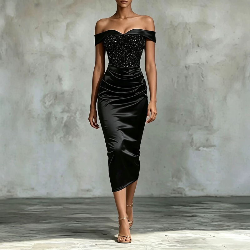 European and American style off-shoulder sequin satin bodycon midi dress, strapless off-shoulder evening party slim-fit dress European and American style off-shoulder sequin satin bodycon midi dress, strapless off-shoulder evening party slim-fit dress