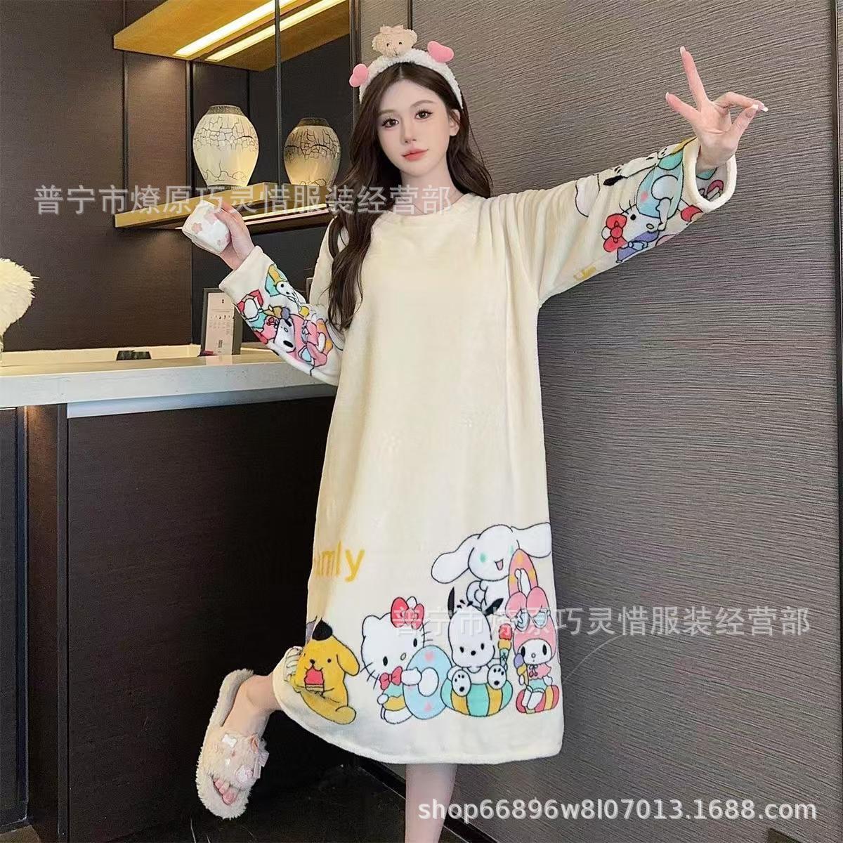 Pijamas de mujeres otoño invierno de franela lindo dibujo animado 2024 nuevo coral de lana gruesa falda cálida ropa para el hogar