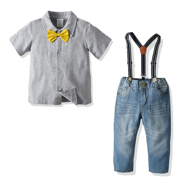 Spring and Autumn 2021 New Boys Grey Polo Short-sleeved Shirt Denim Pants Set Gentleman Four-piece Set