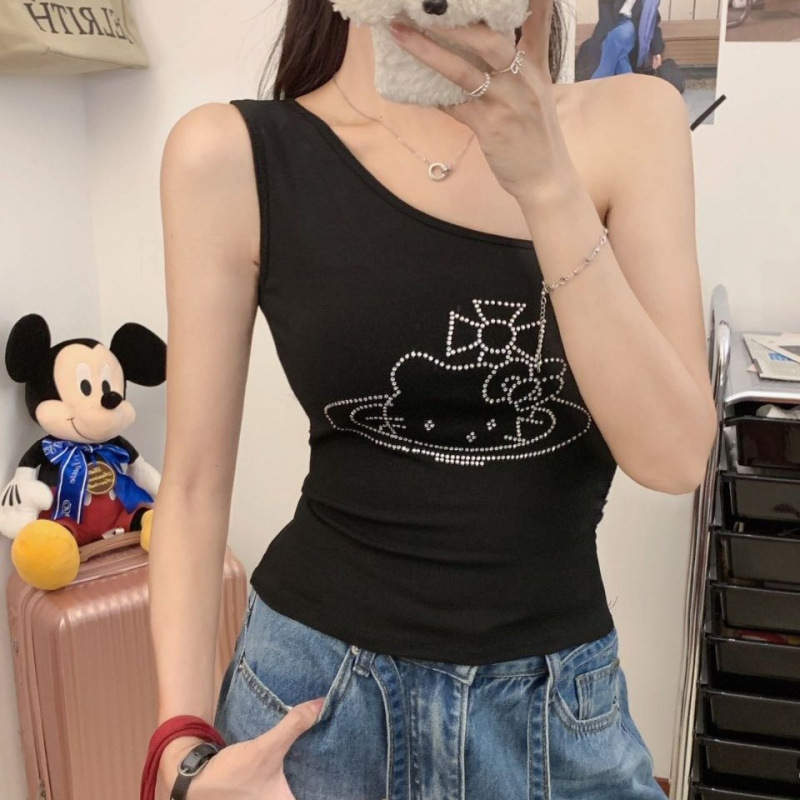 Verano nuevo chaleco de hombro inclinado de estilo caliente mujer impresión de dibujos animados retro ropa interior sin mangas cojín de pecho