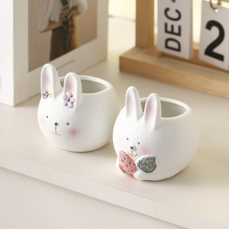 Succulent Ceramic Flower Pot, Large Diameter Potted Plant, Simple and Cute Cute Rabbit White Pottery Living Room Balcony Green Plant Orchid Flower Vessel