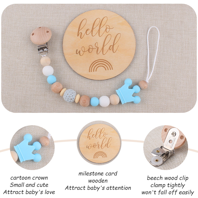 Nuevo bebé haya chupete clip de madera patrón hito tarjeta chupete cadena conjunto de dos piezas