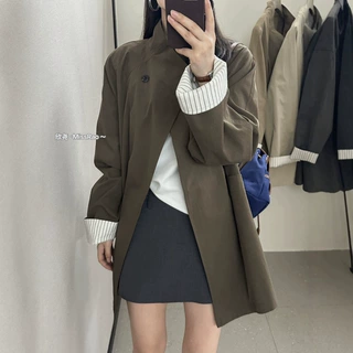 韩系松弛感立领中长款风衣女早秋宽松小个子袖口条纹拼接休闲外套