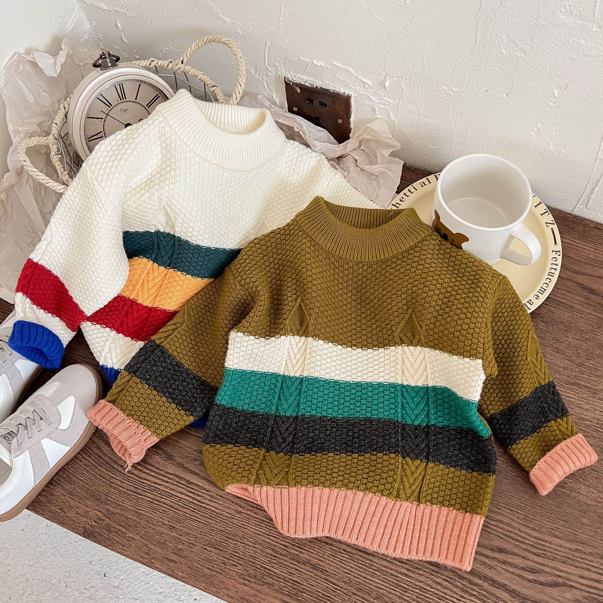 Kinder Rundhals Strickjacke Für Jungen Und Mädchen Gestreift_voghion.com